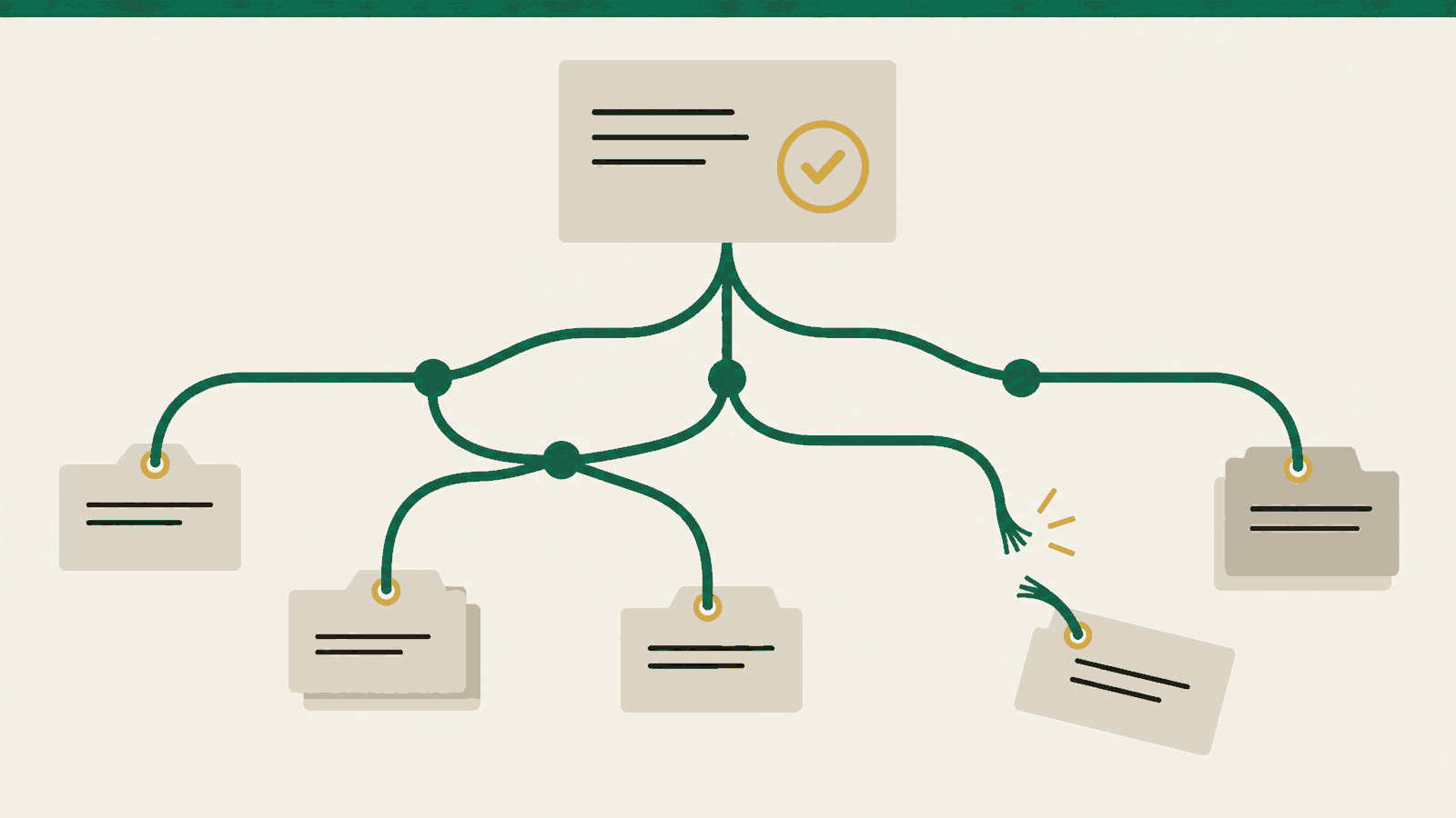 A completed task card remains connected to archived work; severing one label leaves other connections intact.